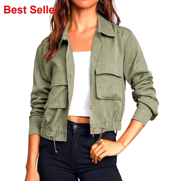 Lightweight Cropped Utility Jacket Military Style with Pockets Oversized Fit